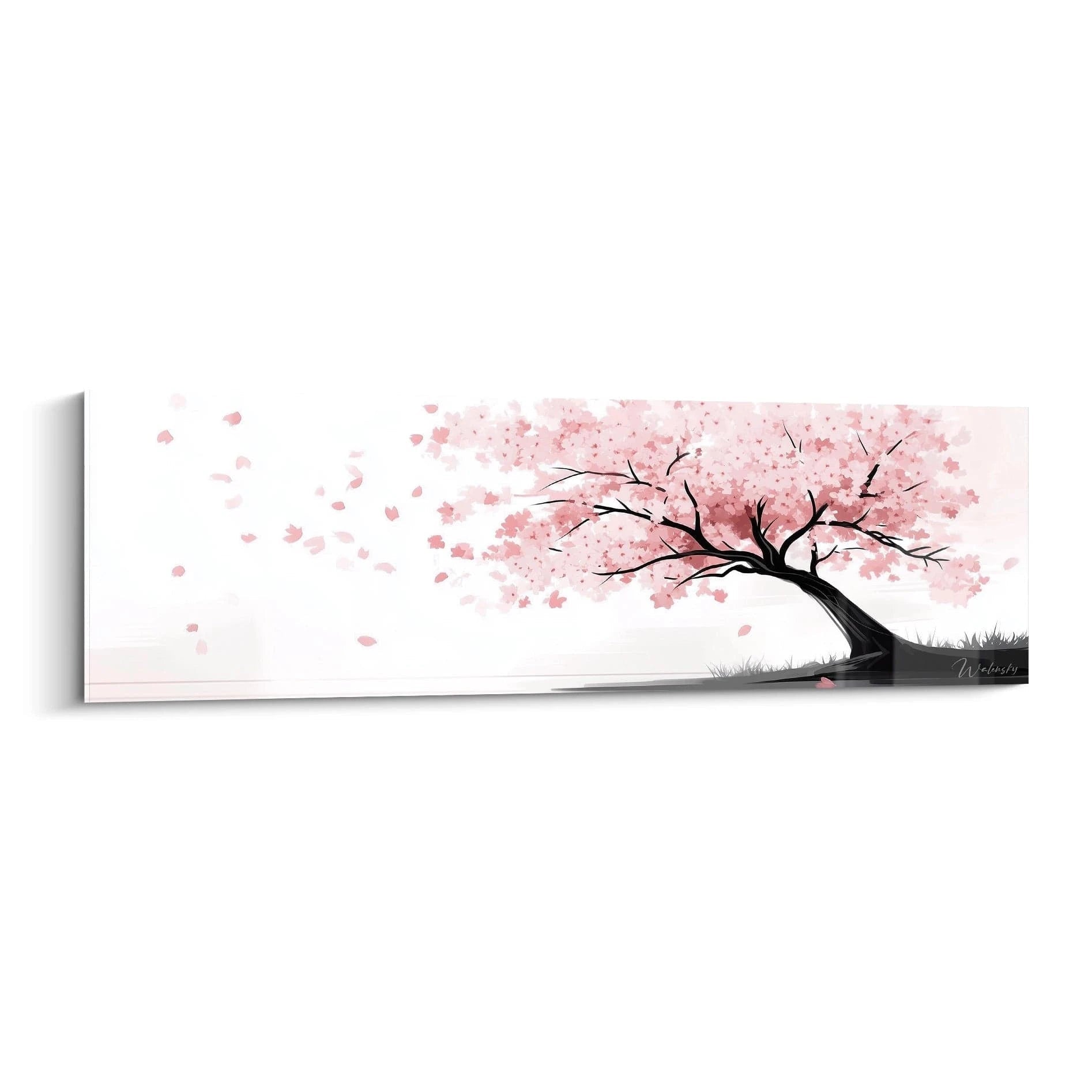 Un tableau paysage représentant un cerisier japonais en fleur, avec un tronc noir incliné et des branches couvertes de fleurs roses délicates. Des pétales s'envolent sur un fond blanc immaculé, créant une impression de mouvement et de légèreté.
