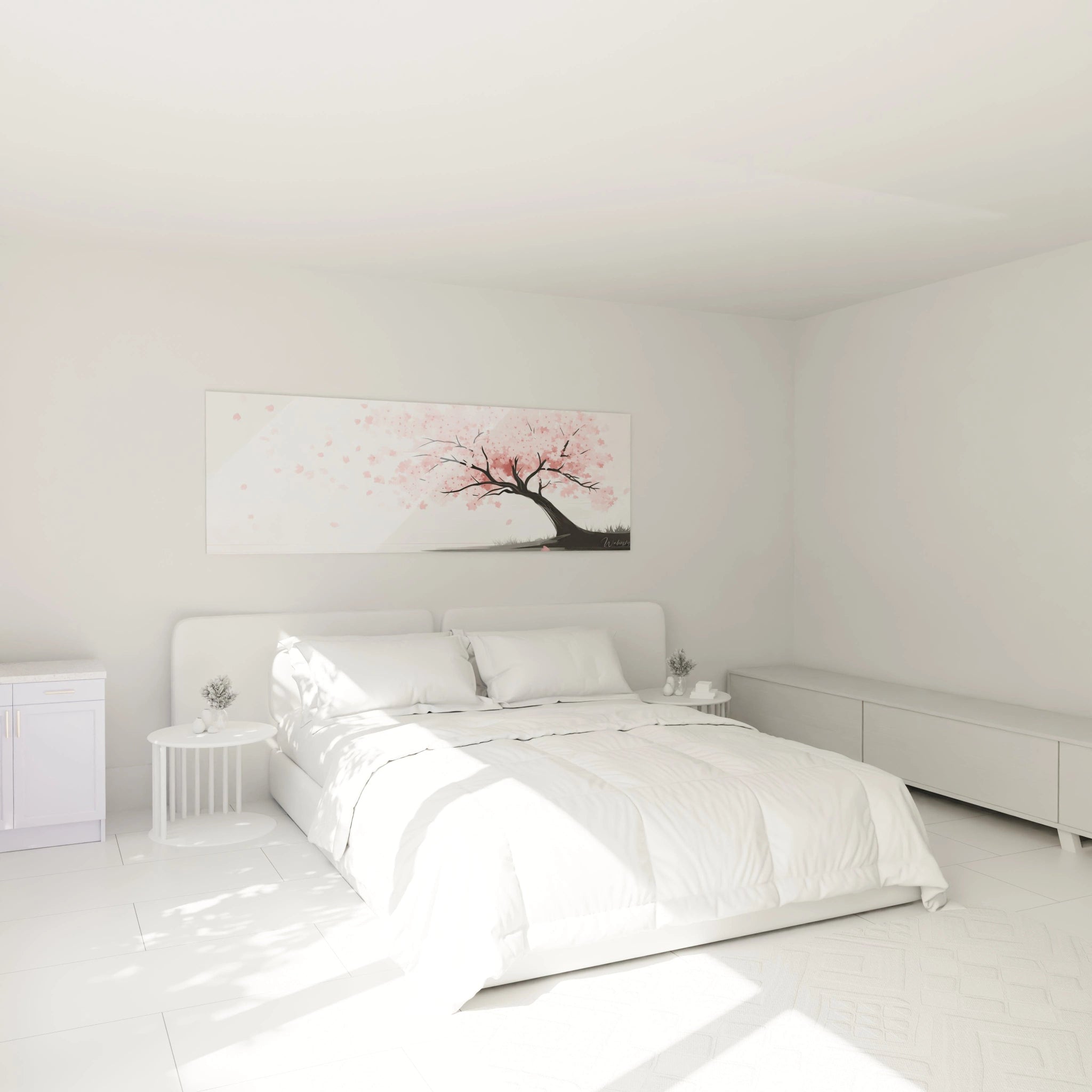 Un tableau paysage minimaliste d'inspiration japonaise montrant un cerisier en fleur aux branches noires sinueuses chargées de fleurs roses. La composition épurée sur fond blanc met en valeur le contraste entre la structure sombre de l'arbre et la douceur des fleurs.
