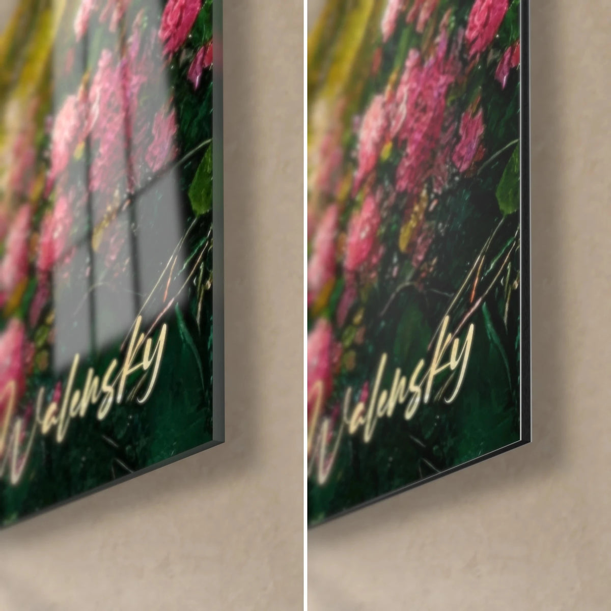 Gemälde mit leuchtend rosa japanischen Kirschbäumen in pastoser Malweise, untere rechte Ecke, glänzendes Acrylglas links, matres Dibond rechts
