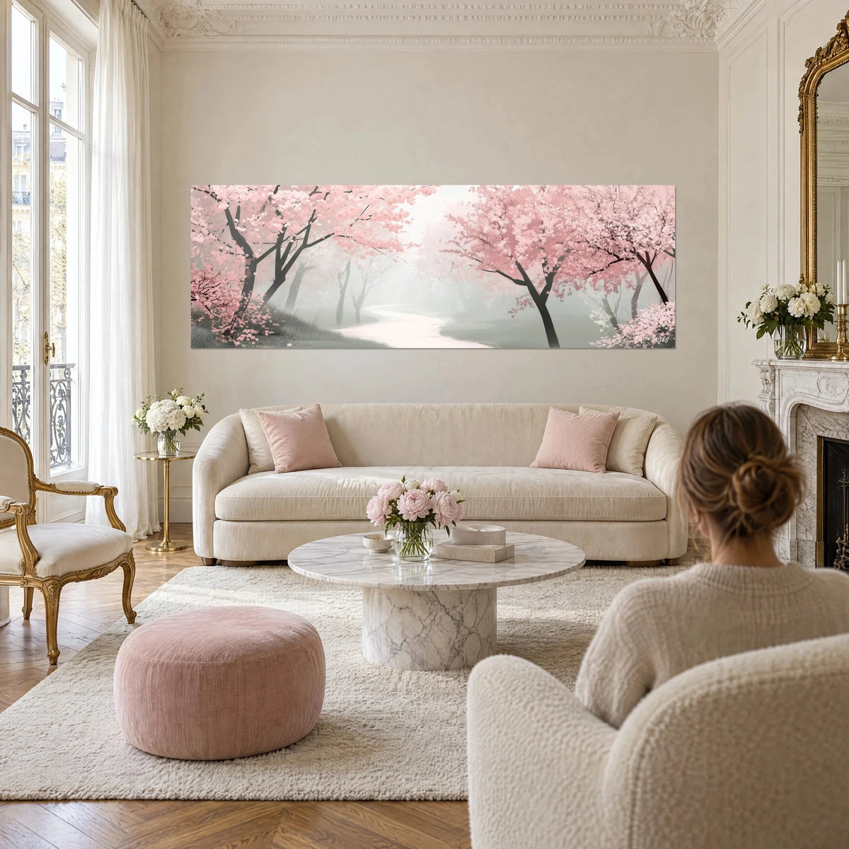 Wall art pink cherry trees in bloom lining a misty path, soft pale pink and grey-green tones, above a sofa in a bright living room