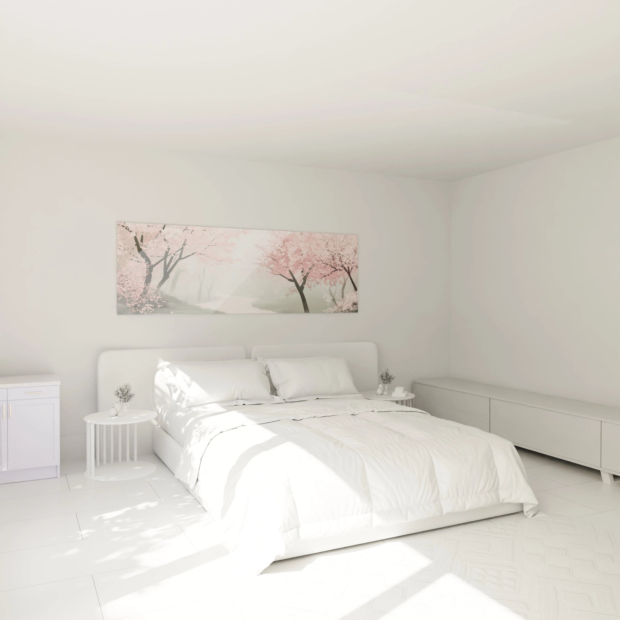 Tableau forêt Walensky avec arbres en fleurs roses suspendu au-dessus d'un lit blanc dans une chambre lumineuse