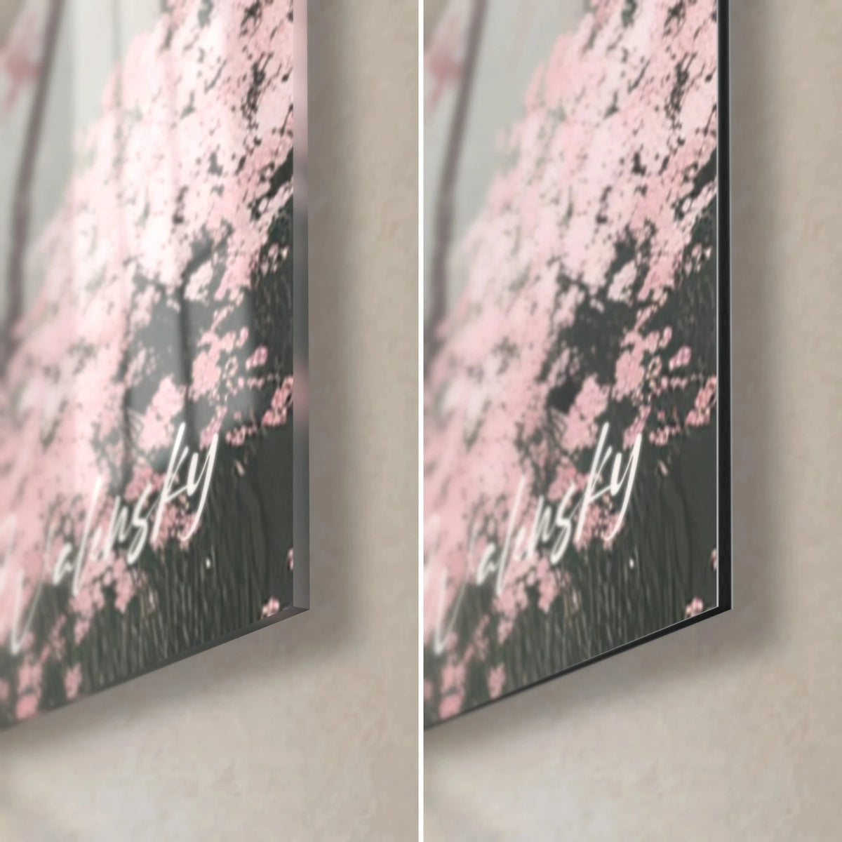 Wall art pale pink cherry forest, bottom right corner: glossy acrylic glass on the left, matte black Dibond aluminium on the right, 3 mm edge