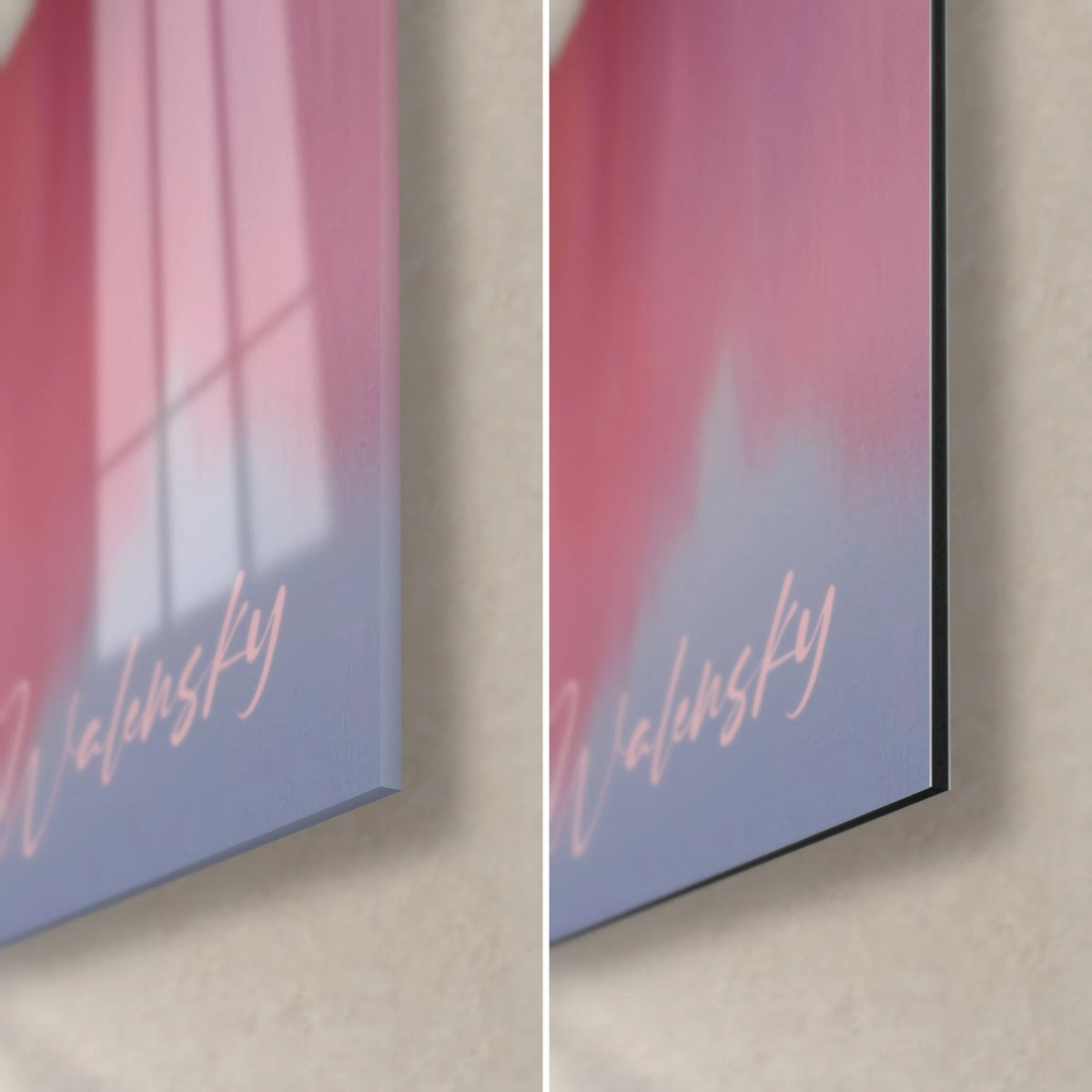Wall art of pink cherry blossoms, bottom right corner: glossy acrylic glass on the left, matte aluminium Dibond on the right, 3 mm black edge