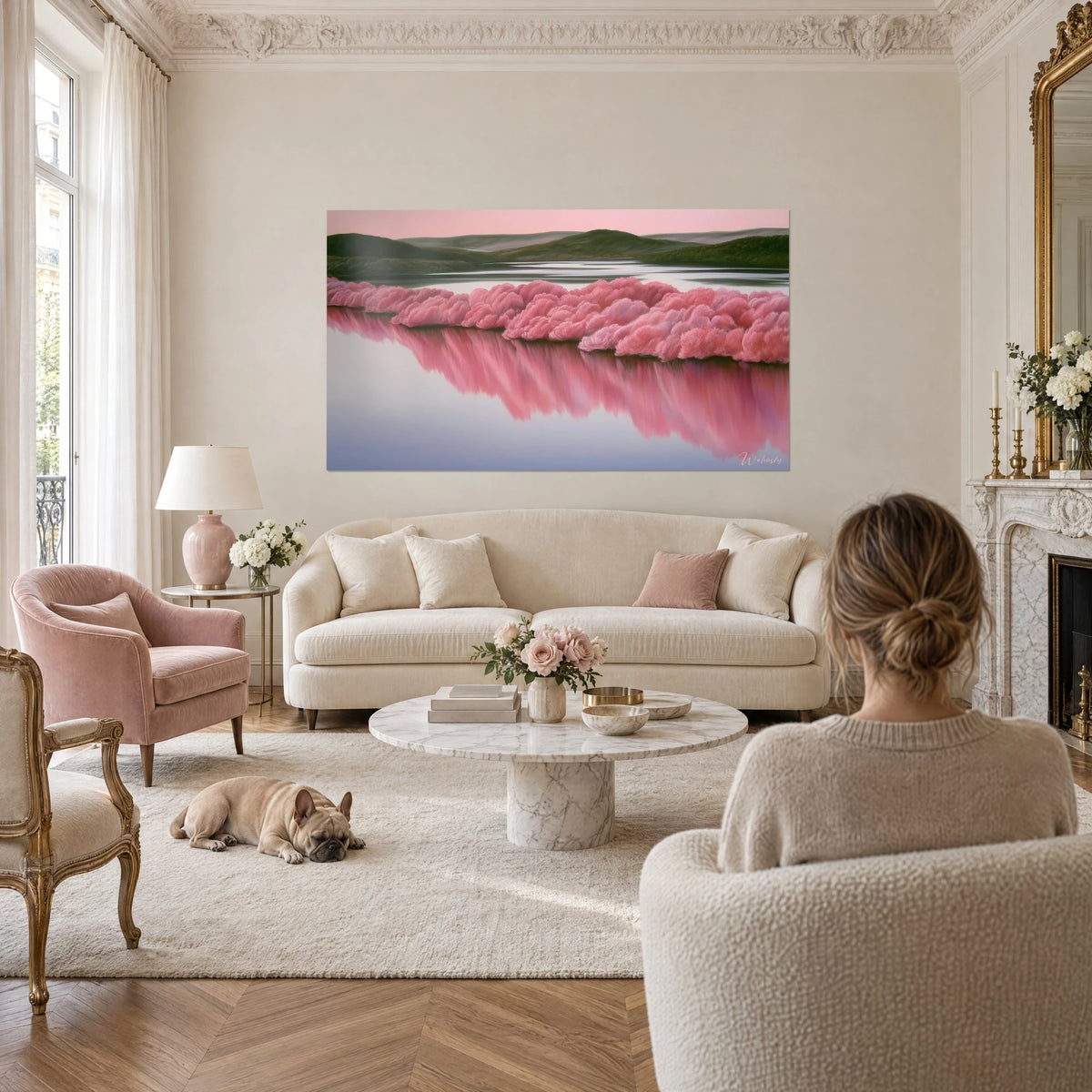 Wall art of pink cherry trees in bloom reflected in a green and grey lake, two people seen from behind, a calm bulldog, above a sofa in a bright living room