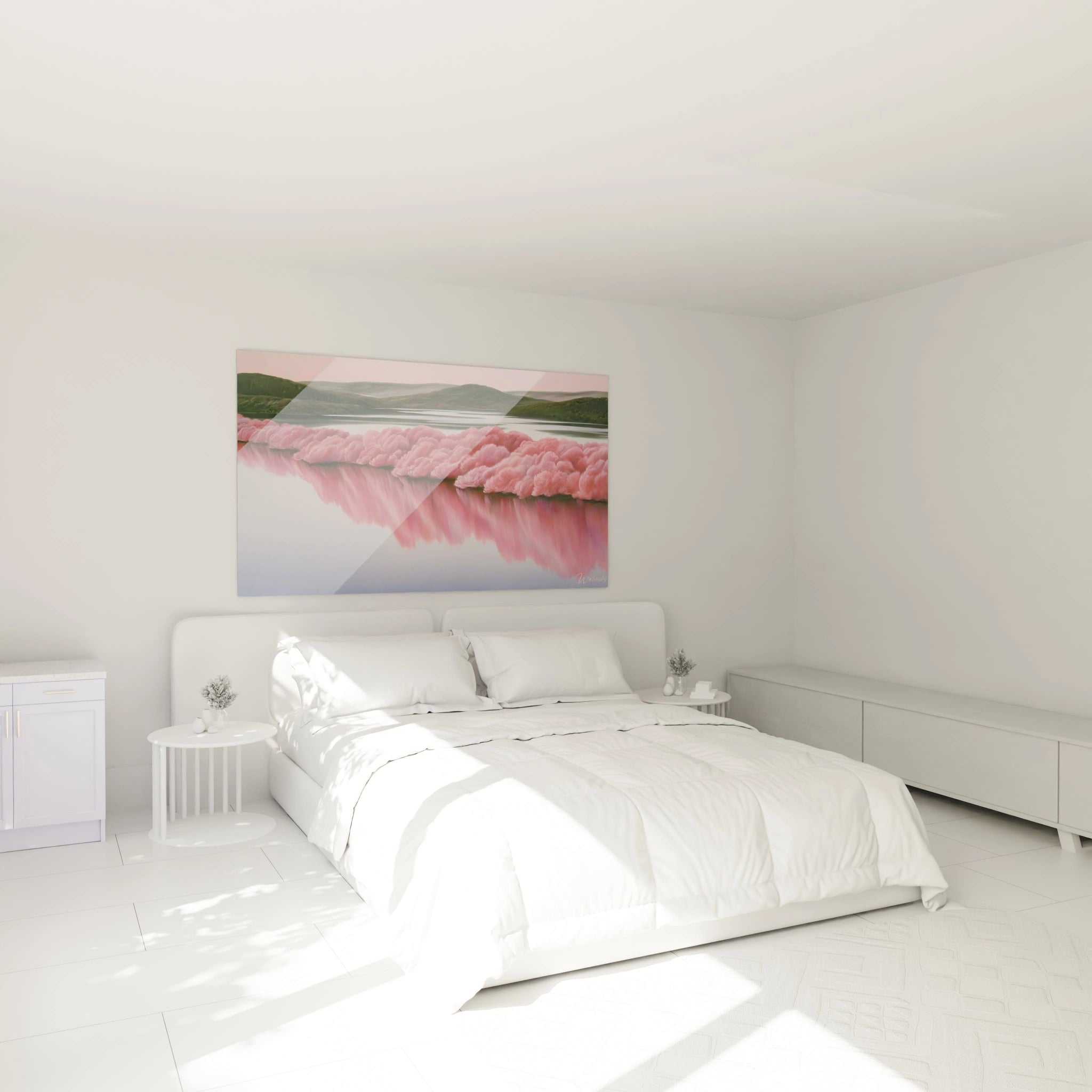 Tableau mural Walensky tableau cerisiers reflets roses paysage panoramique de cerisiers roses se reflétant sur un lit blanc