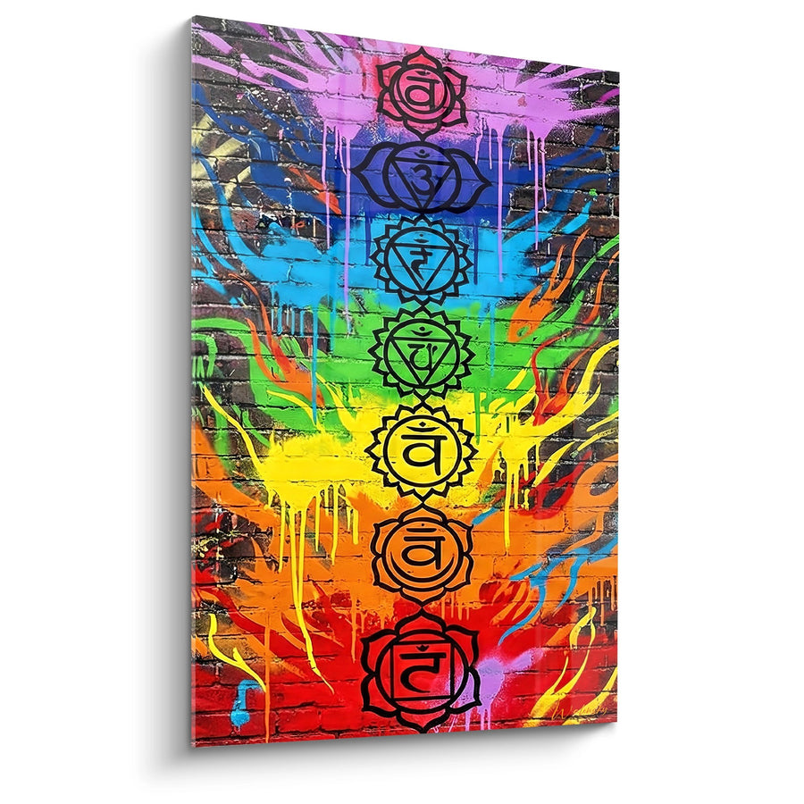 Tableau Centres Énergétiques Colorés sur Mur de Brique - Harmonie Spirituelle - Edition Chakras