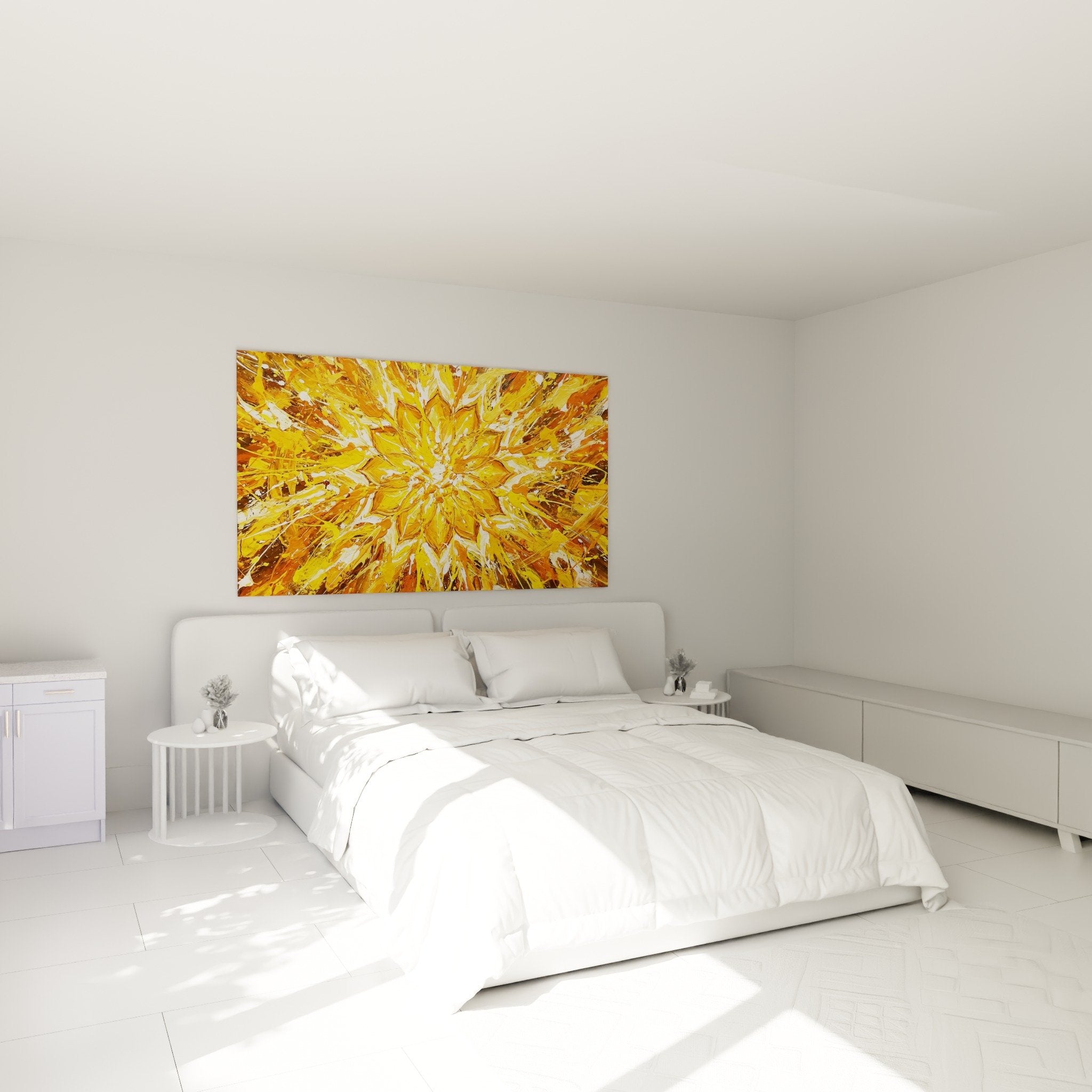 Tableau chakras explosion doree orange dans chambre moderne decoration murale chaleureuse