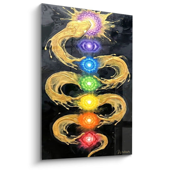 Schilderij Gouden Spiraal met Kleurrijke Energiecentra - Spirituele Energie - Editie Chakras
