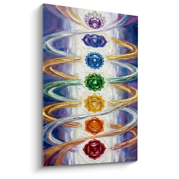 Schilderij Zeven Energiecentra in Gouden Spiraal - Spirituele Harmonie - Editie Chakras