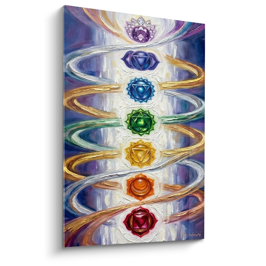 Tableau Sept Centres Énergétiques en Spirale Dorée - Harmonie Spirituelle - Edition Chakras