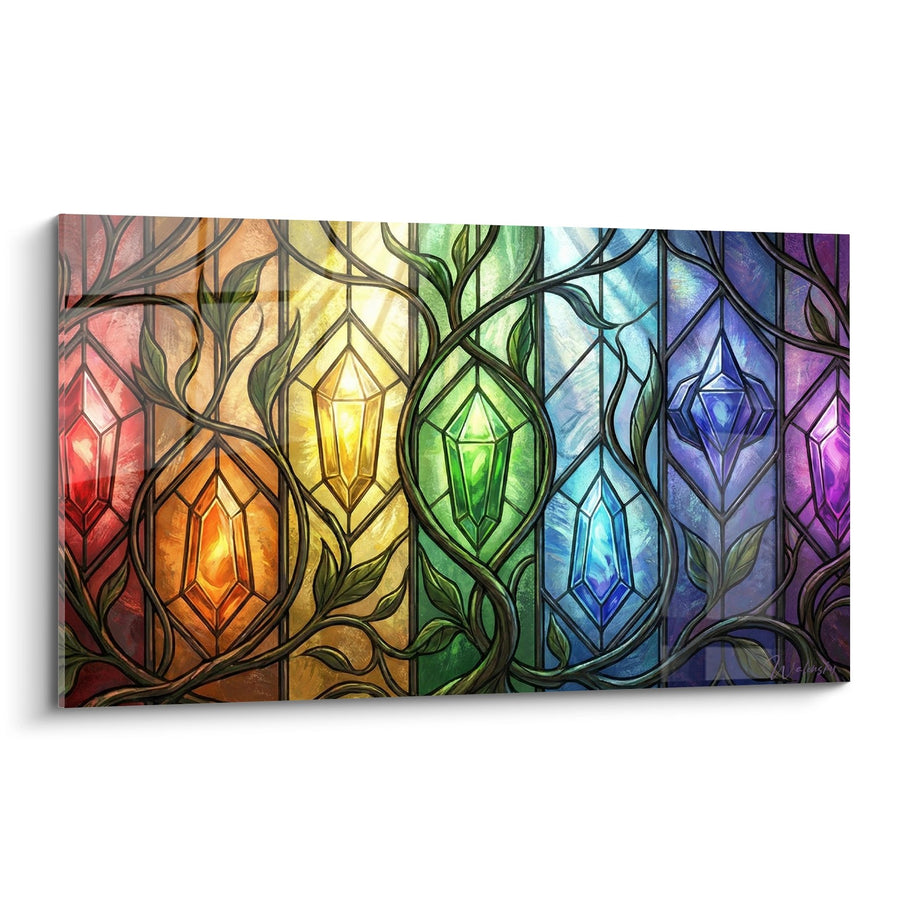 Tableau Vitraux Colorés Arc-en-Ciel avec Motifs Géométriques et Végétaux - Harmonie Cristalline - Edition Chakras