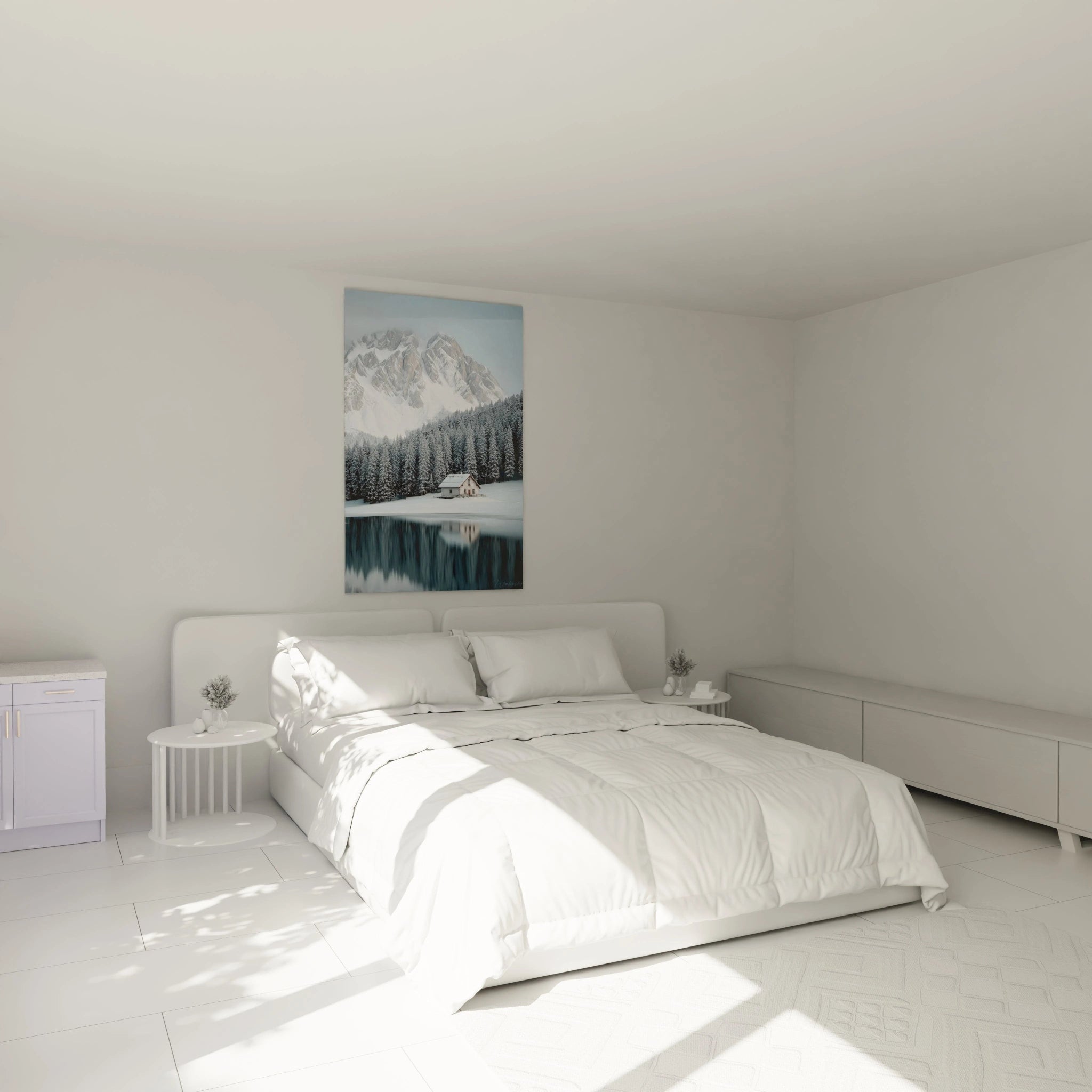 tableau chalet bois authentique Walensky tableau mural montagne enneigée et chalet au bord du lac dans chambre minimaliste blanche