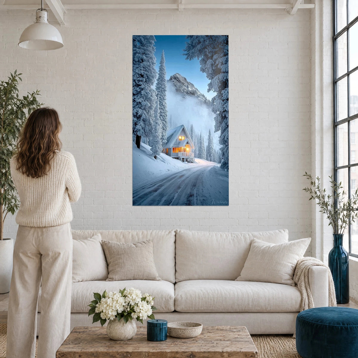 Gemälde leuchtende Berghütte im Schnee, vereiste Tannen in Gletscherblau und orangefarbenes Licht, über einem Sofa in einem hellen Wohnzimmer
