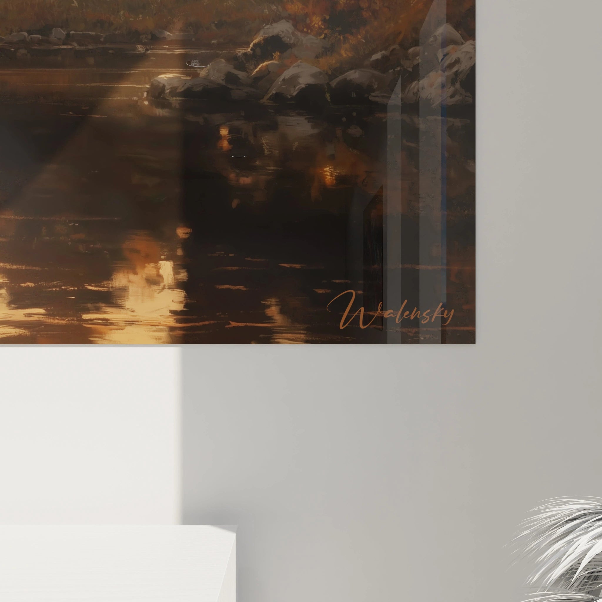 Tableau mural montrant un lac automnal aux reflets dorés et rochers signé Walensky tableau chalet refuge chaleureux