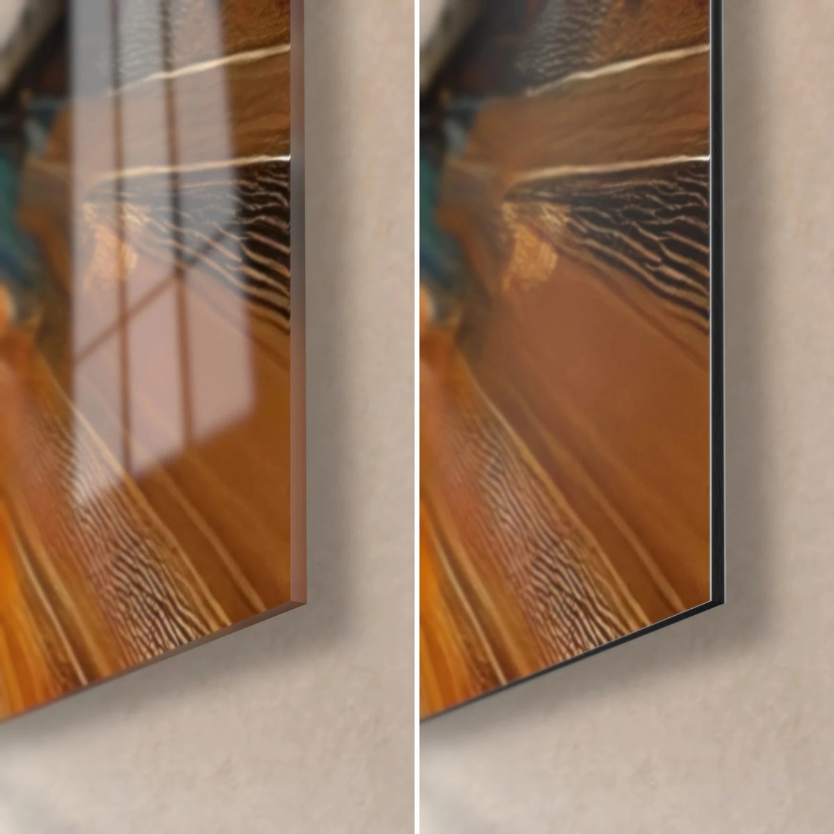 Gemälde Afrikanischer Weiler in ockerfarbenen und blauen Pinselstrichen, untere rechte Ecke: glänzendes Acrylglas links, mattes Dibond rechts