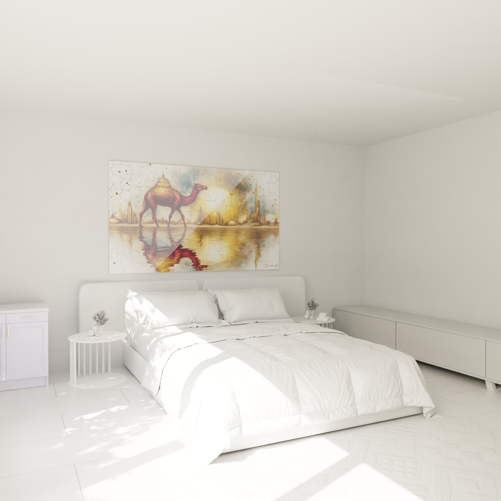 Tableau chameau du désert dans ambiance chambre moderne, décoration murale orientale aux tons chauds