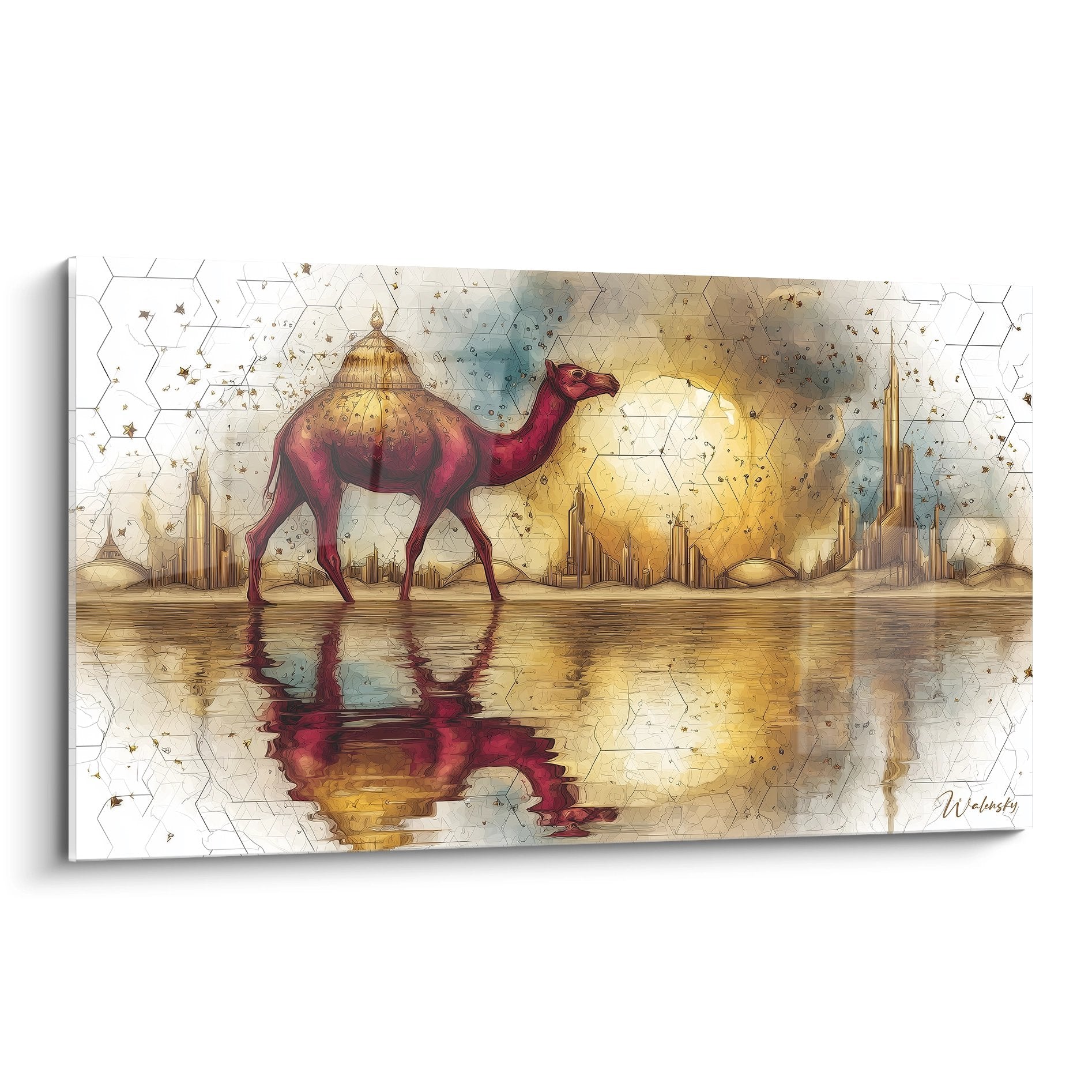 Tableau mural chameau rouge et doré avec reflets sur eau et skyline orientale, motifs géométriques hexagonaux