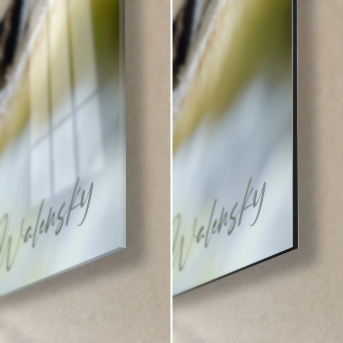 Gemälde Alpengämse, untere rechte Ecke: glänzendes Acrylglas links, mattschwarzes Dibond-Aluminium rechts, graue Walensky-Signatur