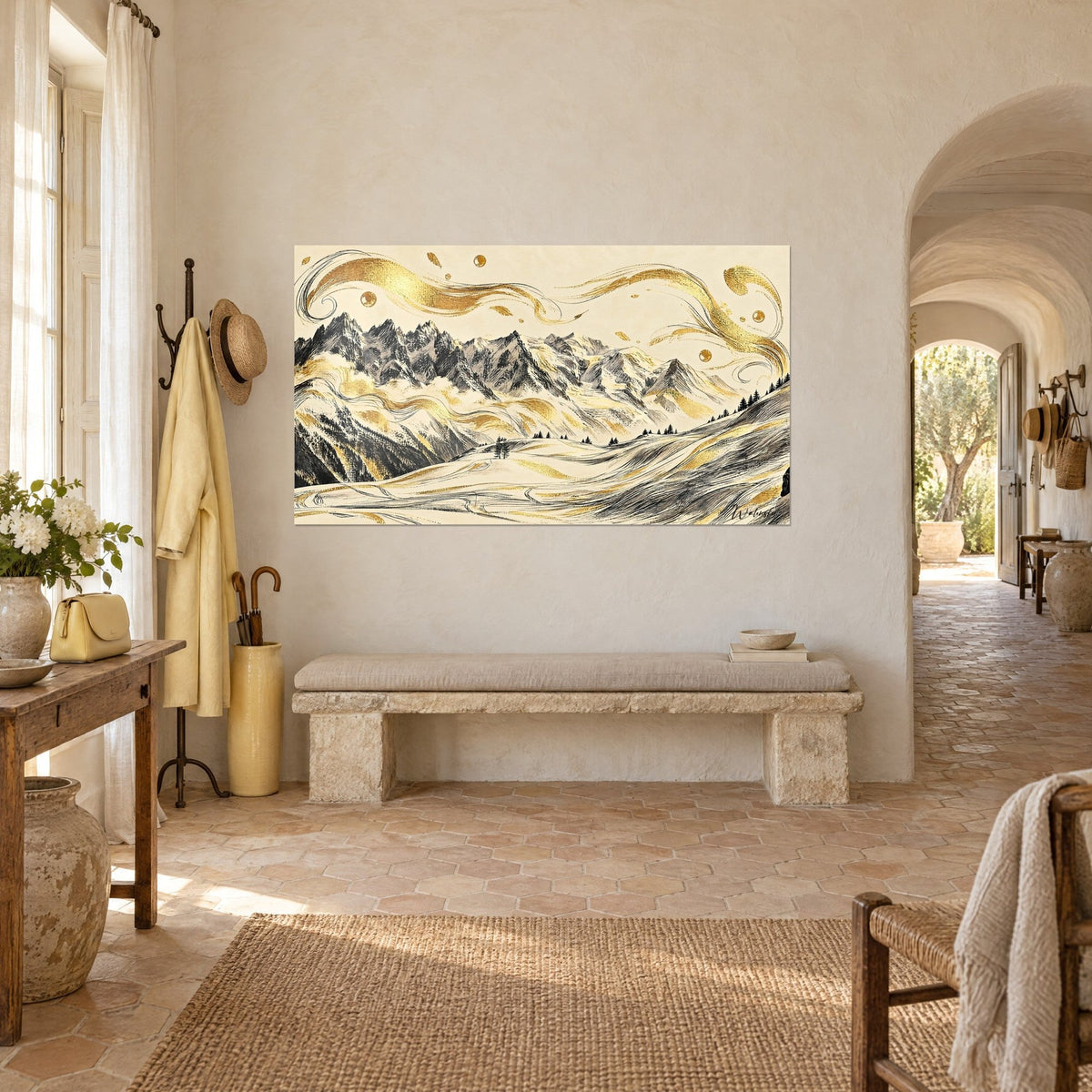 Wall art of Chamonix peaks engraved in grey ink, golden swirls on ivory background, hung on the wall of a Provençal hallway in three-quarter view