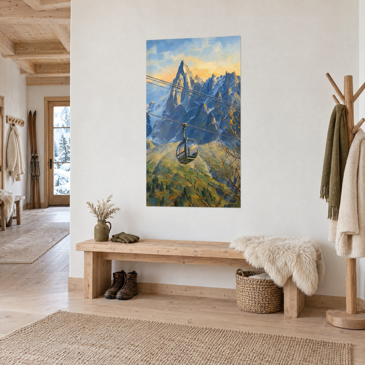 Tableau gondole sur câbles devant un sommet rocheux bleu acier, prairie verte et ciel orangé, mur blanc d'un chalet