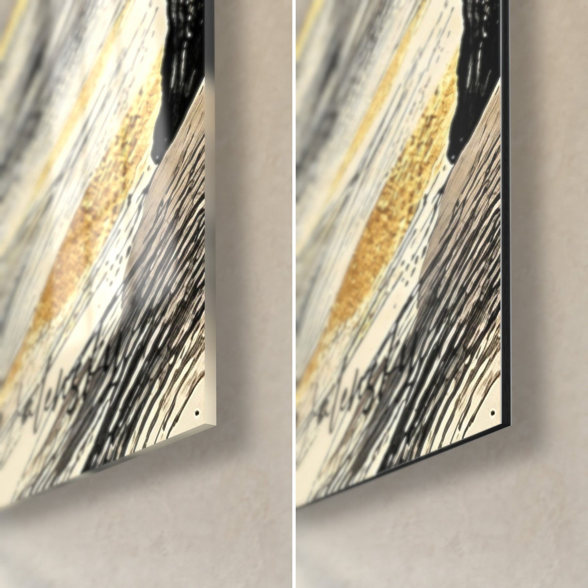 Wall art with a golden mass on glossy acrylic glass on the left, matte Dibond aluminium on the right, 3 mm edge, black hatching and gold leaf