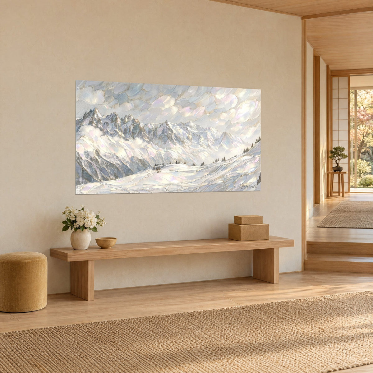 Tableau chaîne du Mont-Blanc en aquarelle, versants blancs et reflets rosés, sapins épars, vu de trois-quarts sur mur beige japandi