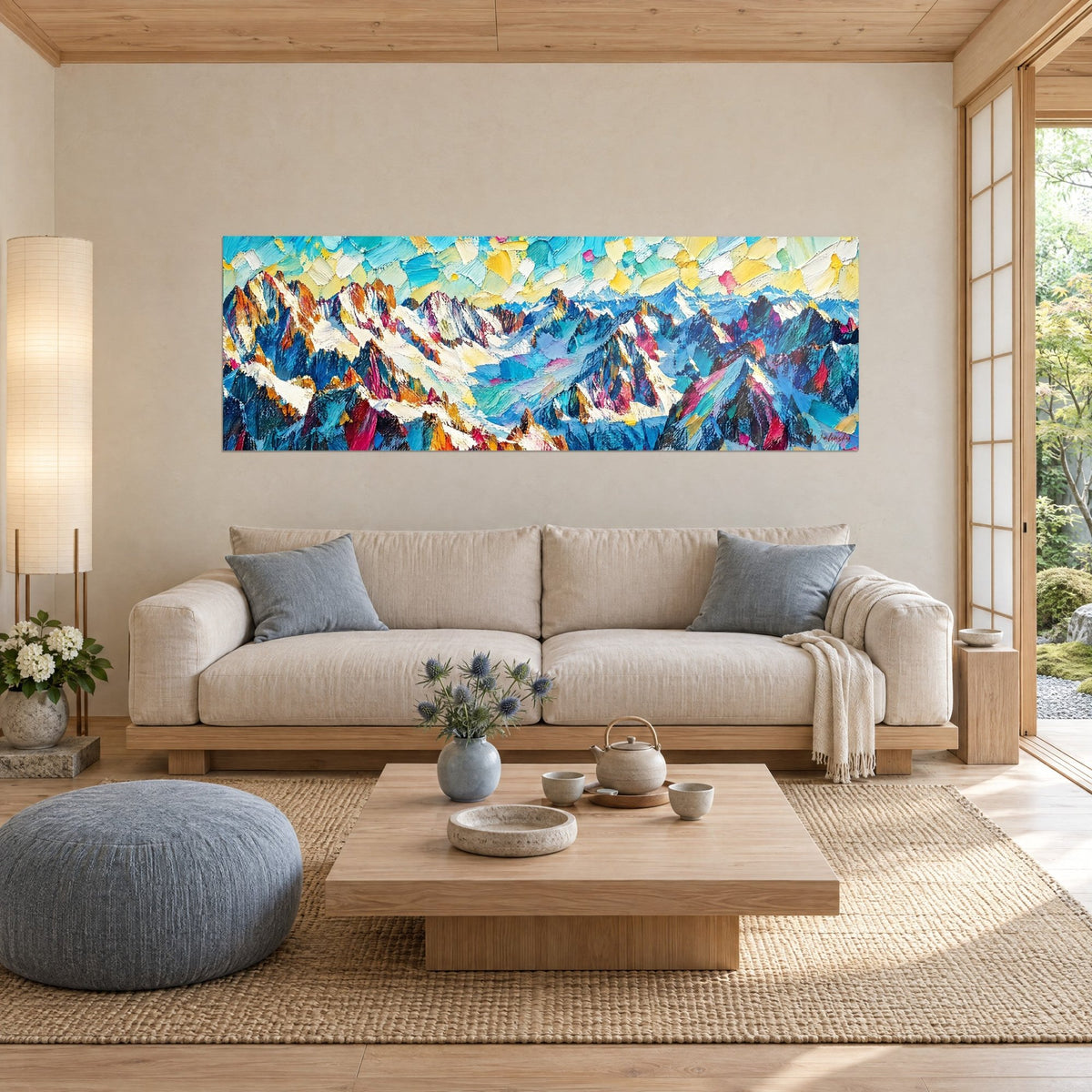 Cuadro macizo nevado con crestas azul cobalto y doradas, cielo amarillo y turquesa, encima de un sofá en un salón luminoso