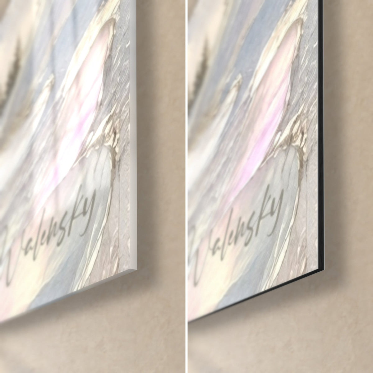 Wall art of snowy mother-of-pearl summits, grey Walensky signature bottom right, glossy acrylic glass and matte black Dibond
