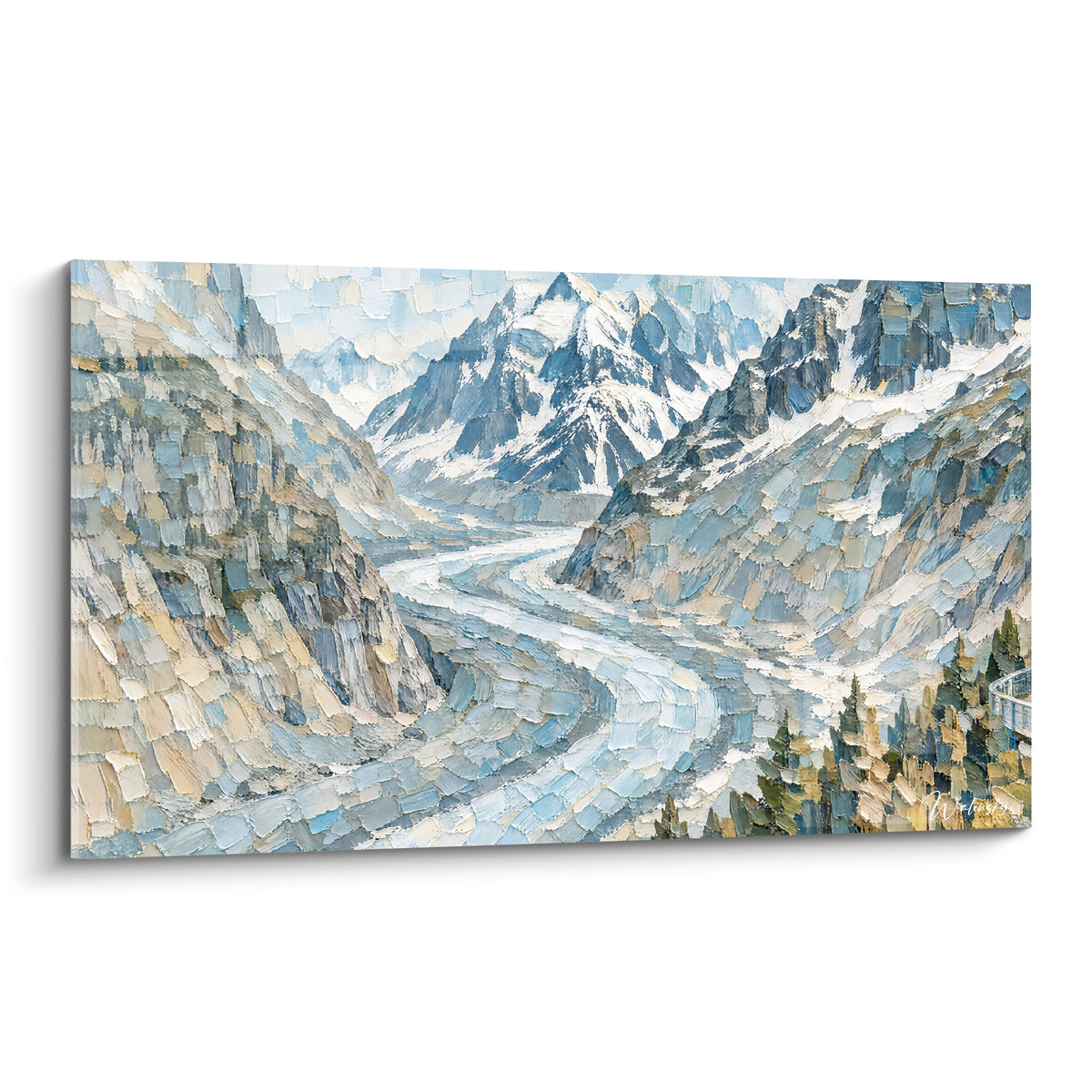 Gemälde Gletscher in pastellblau und goldocker, der sich zwischen Felswänden schlängelt, strukturierte Malerei mit Relief