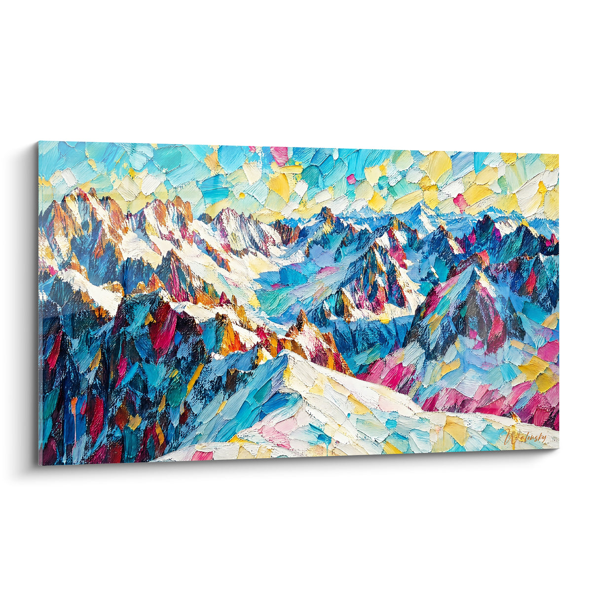 Wall art turquoise, magenta and ochre alpine massif painted with a palette knife, fragmented snowy peaks in Chamonix
