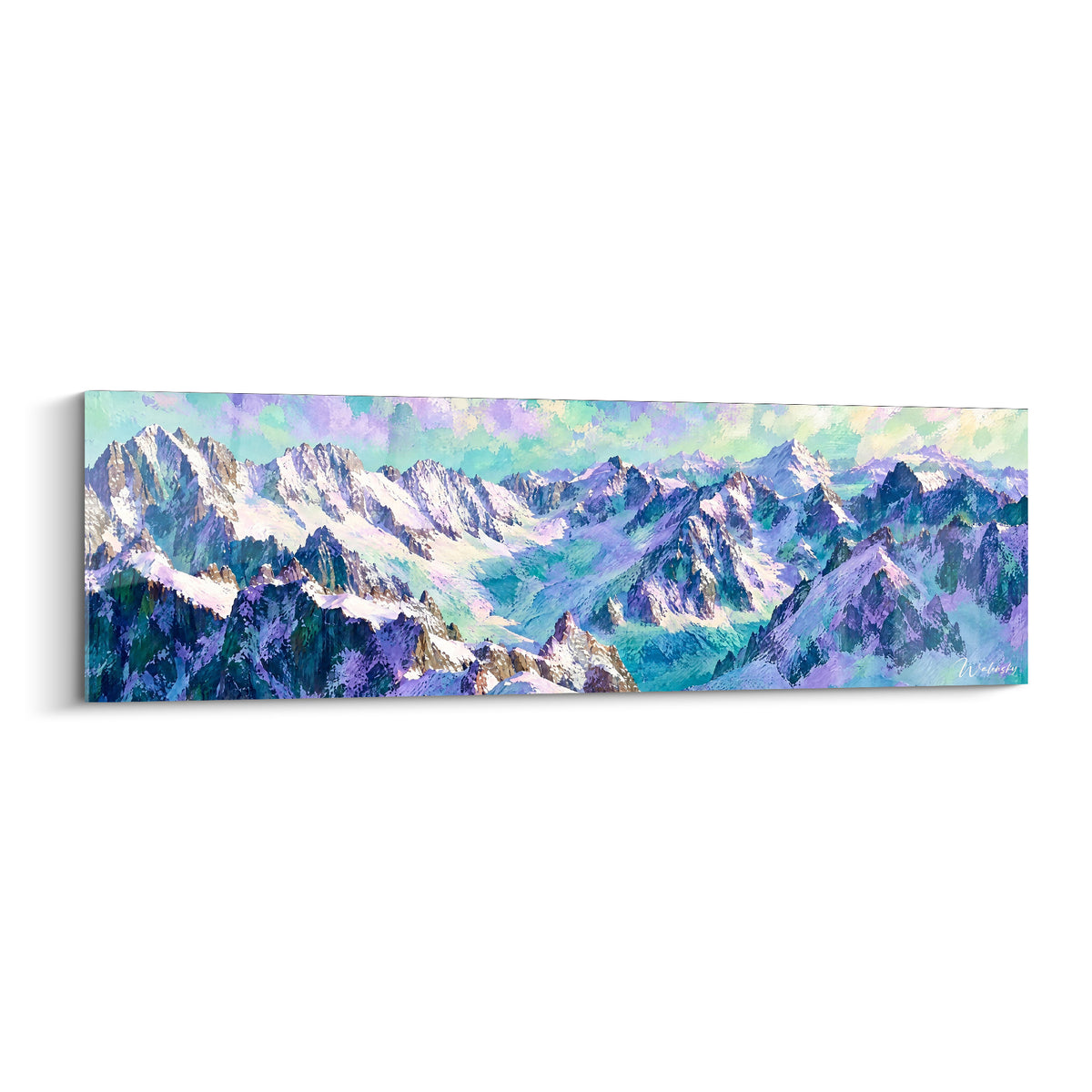 Tableau massif alpin enneigé aux teintes violettes et turquoise, peinture panoramique de Chamonix-Mont-Blanc