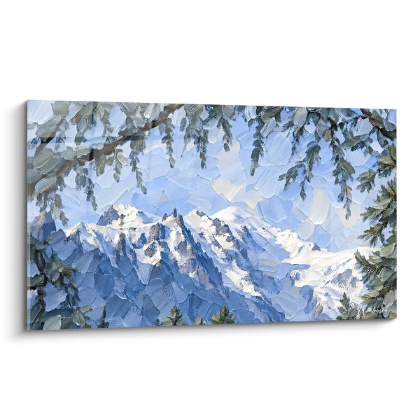 Cuadro Macizo nevado azul y blanco entre abetos - Ventana a las cumbres - Edición Chamonix-Mont-Blanc Francia