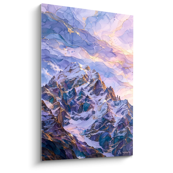 Tableau Massif rocheux mauve et doré sous ciel marbré - Nuages tourbillonnants pastel - Edition Chamonix-Mont-Blanc  France