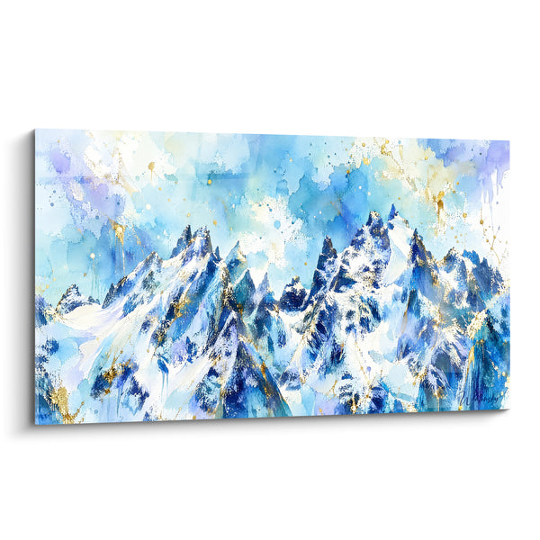 Cuadro Macizo nevado azul y blanco acuarelado - Salpicaduras doradas celestiales - Edición Chamonix-Mont-Blanc Francia