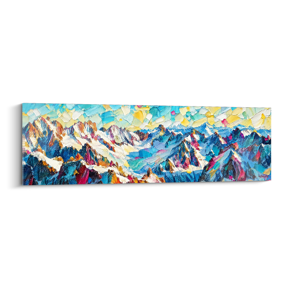 Cuadro del macizo de Chamonix-Mont-Blanc con crestas azul marino y doradas, toques magenta y textura gruesa de espátula
