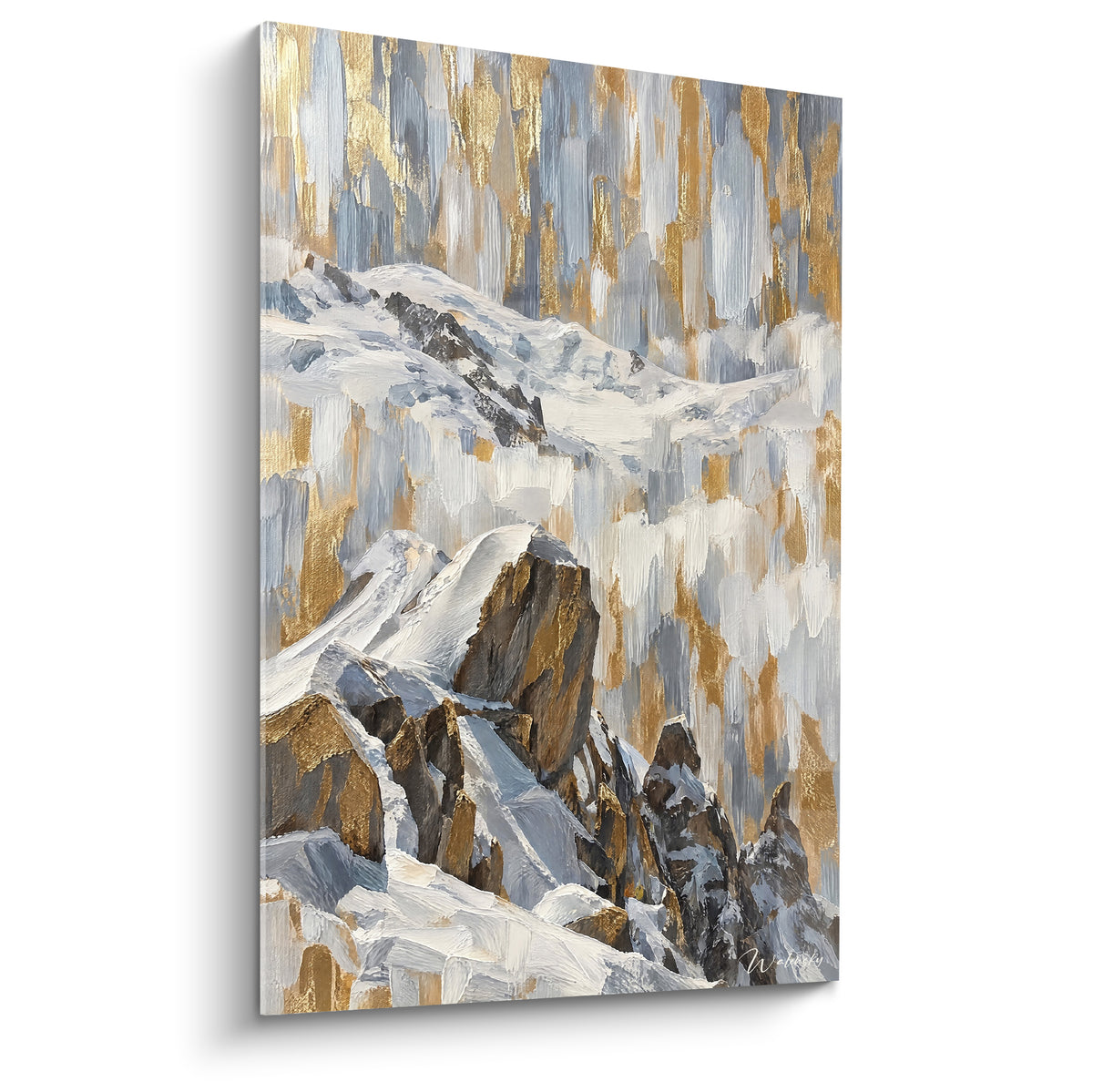 Tableau sommets rocheux dorés et neige blanche, touches d'or et gris ardoise, style pictural texturé