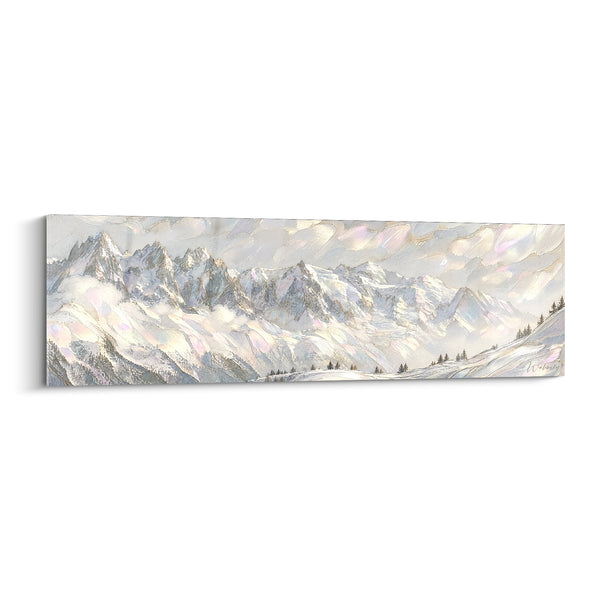 Massive Alpine Snowy White and Gold Mountain Painting - Frozen Awakening - Chamonix-Mont-Blanc Edition France