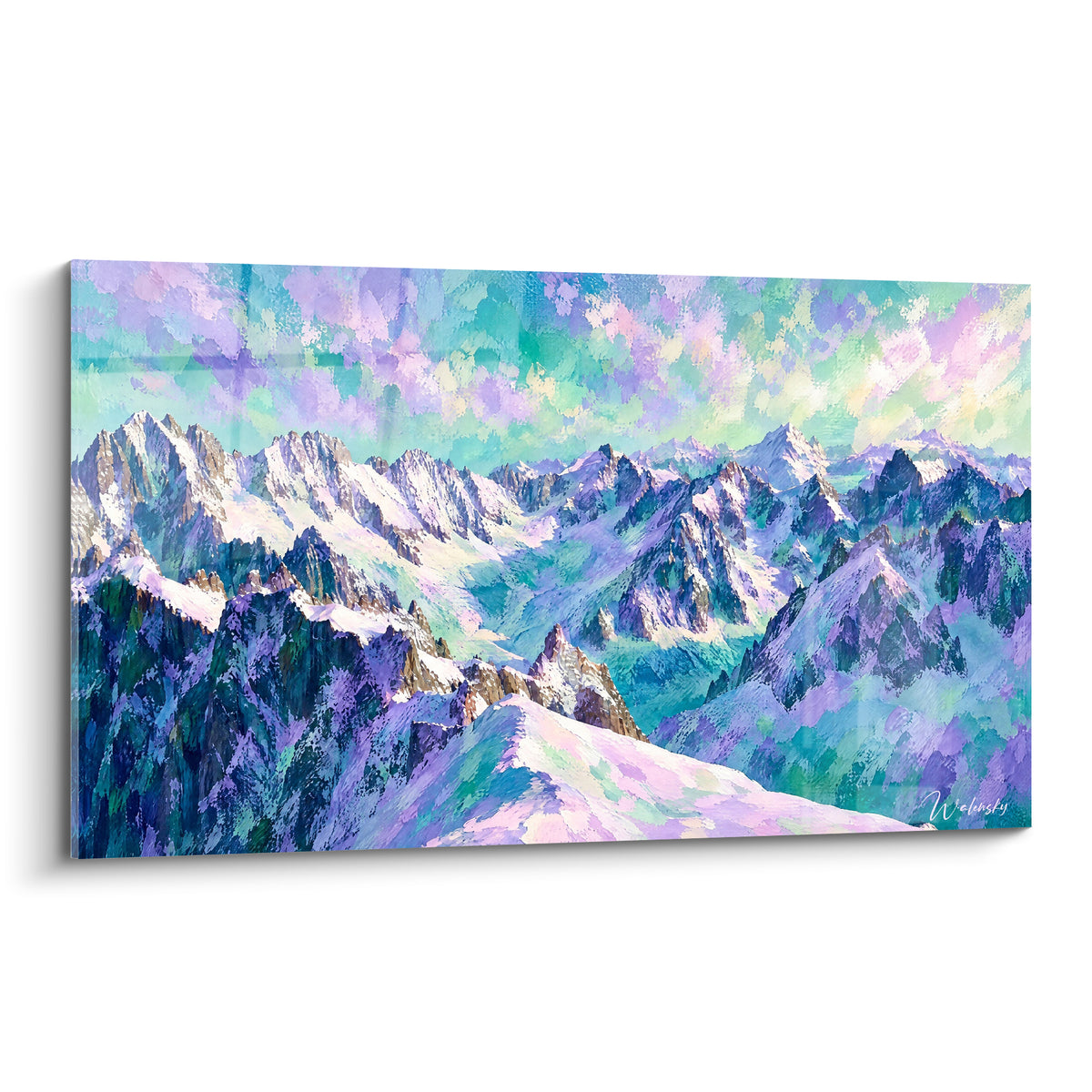 Tableau sommets de Chamonix-Mont-Blanc peints en violet et turquoise sous un ciel pastel vibrant