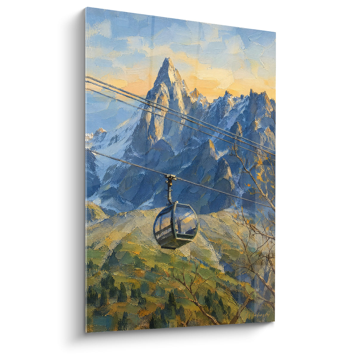 Tableau téléphérique suspendu entre aiguilles bleutées et ciel ocre doré, peinture texturée façon Chamonix-Mont-Blanc France