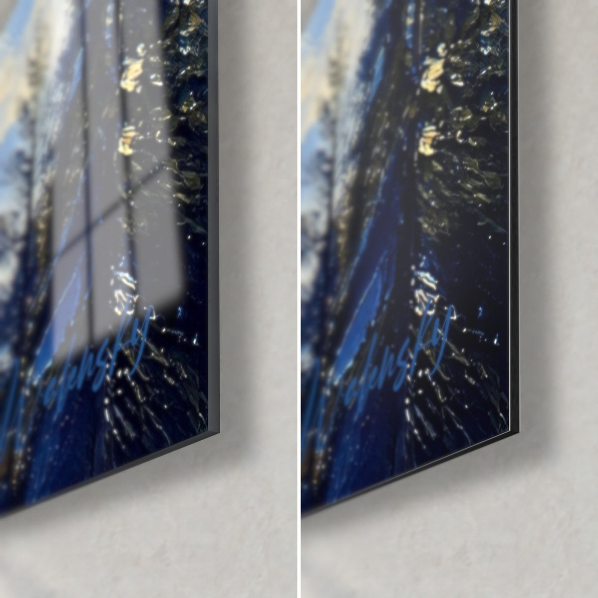 Cuadro cumbres nevadas pintadas con espátula, azul cobalto y blanco, esquina inferior derecha: cristal brillante y Dibond mate