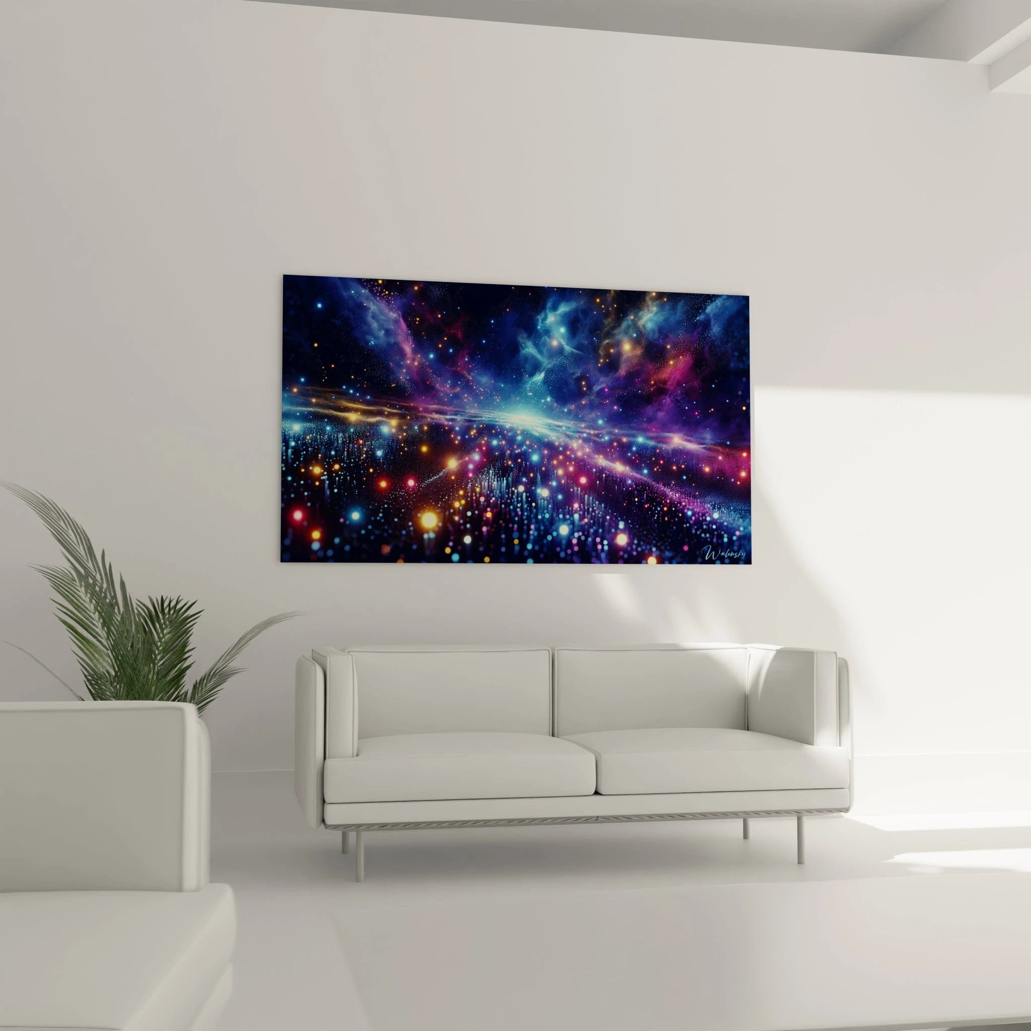 Tableau abstrait montrant une vue spatiale stylisée. Palette de couleurs sombres alliant bleu marine, pourpre et noir avec éclats lumineux turquoise, orange et rose. Technique combinant points brillants de différentes tailles et nuages gazeux diffus. Composition horizontale avec concentration lumineuse et effet de perspective infinie.
