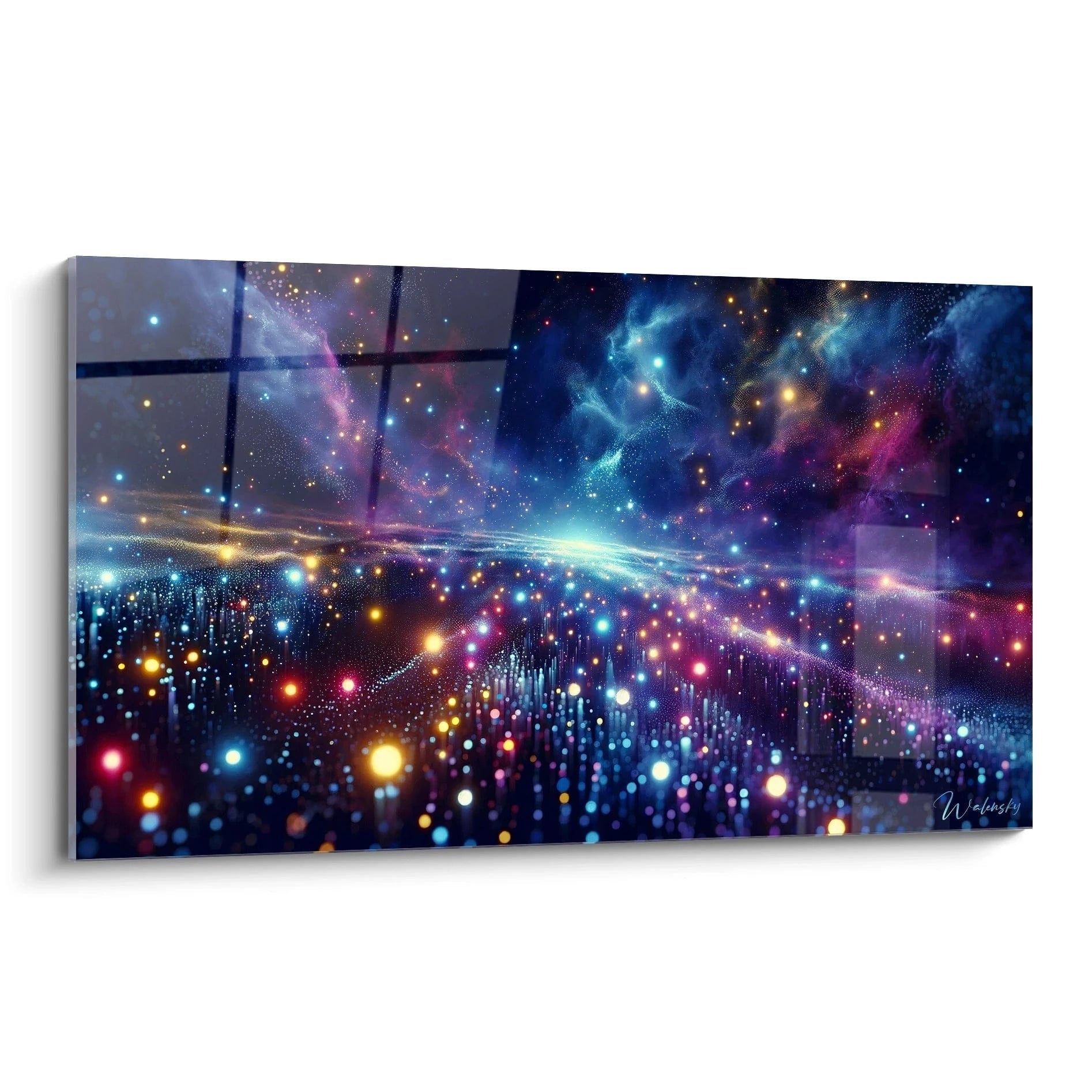 Tableau abstrait représentant un paysage cosmique étoilé. Fond bleu nuit profond parsemé de points lumineux multicolores. Texture pointilliste combinant particules brillantes et nébulosités diffuses. Composition centrée sur un horizon lumineux avec étoiles jaunes, bleues et rouges distribuées sur différents plans.
