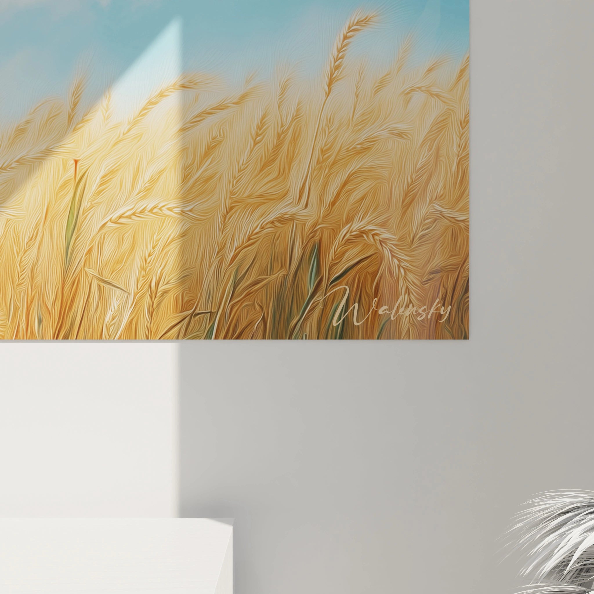 Un tableau paysage mettant en scène une prairie dorée sous un ciel clair, où les blés détaillés se démarquent par des lignes fluides et des variations de tons contrastant avec le fond texturé.







