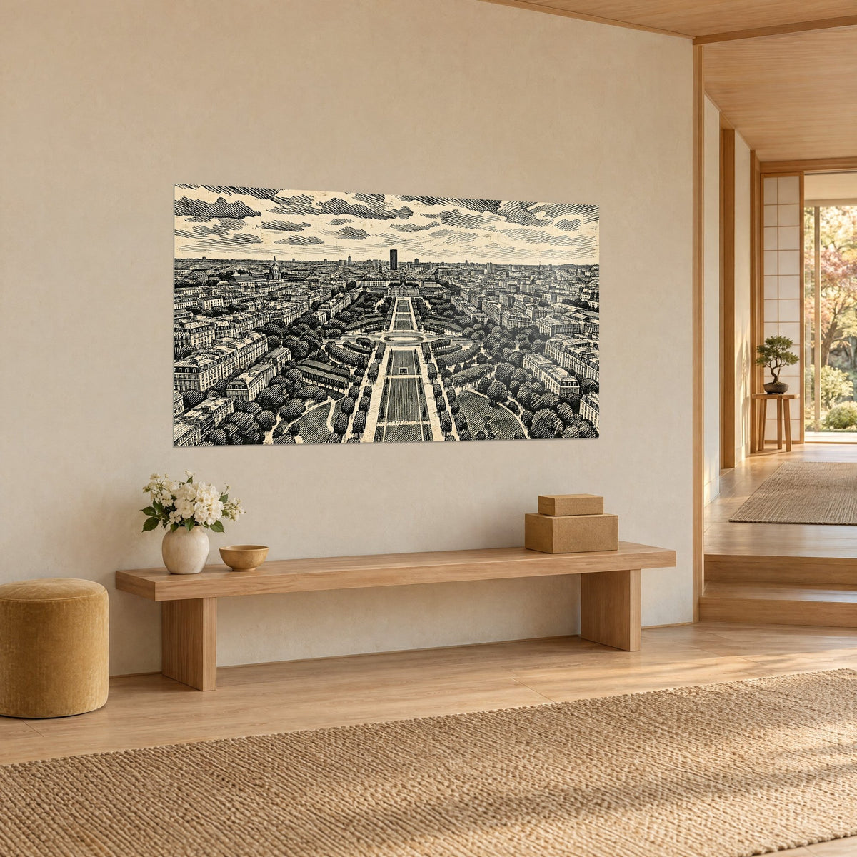 Wall art hatched Parisian panorama, central avenue between two rows of black trees under a cream sky, on a beige wall beside a wooden bench