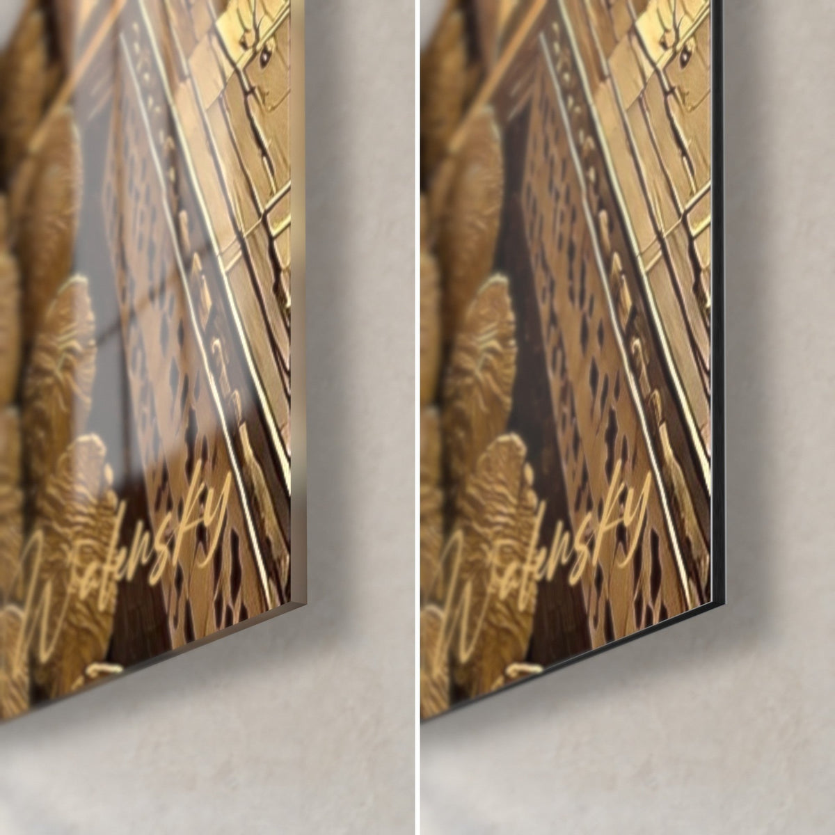 Wall art golden avenue in aerial view, bottom right corner: glossy acrylic glass on the left, matte black Dibond aluminum on the right, 3 mm edge