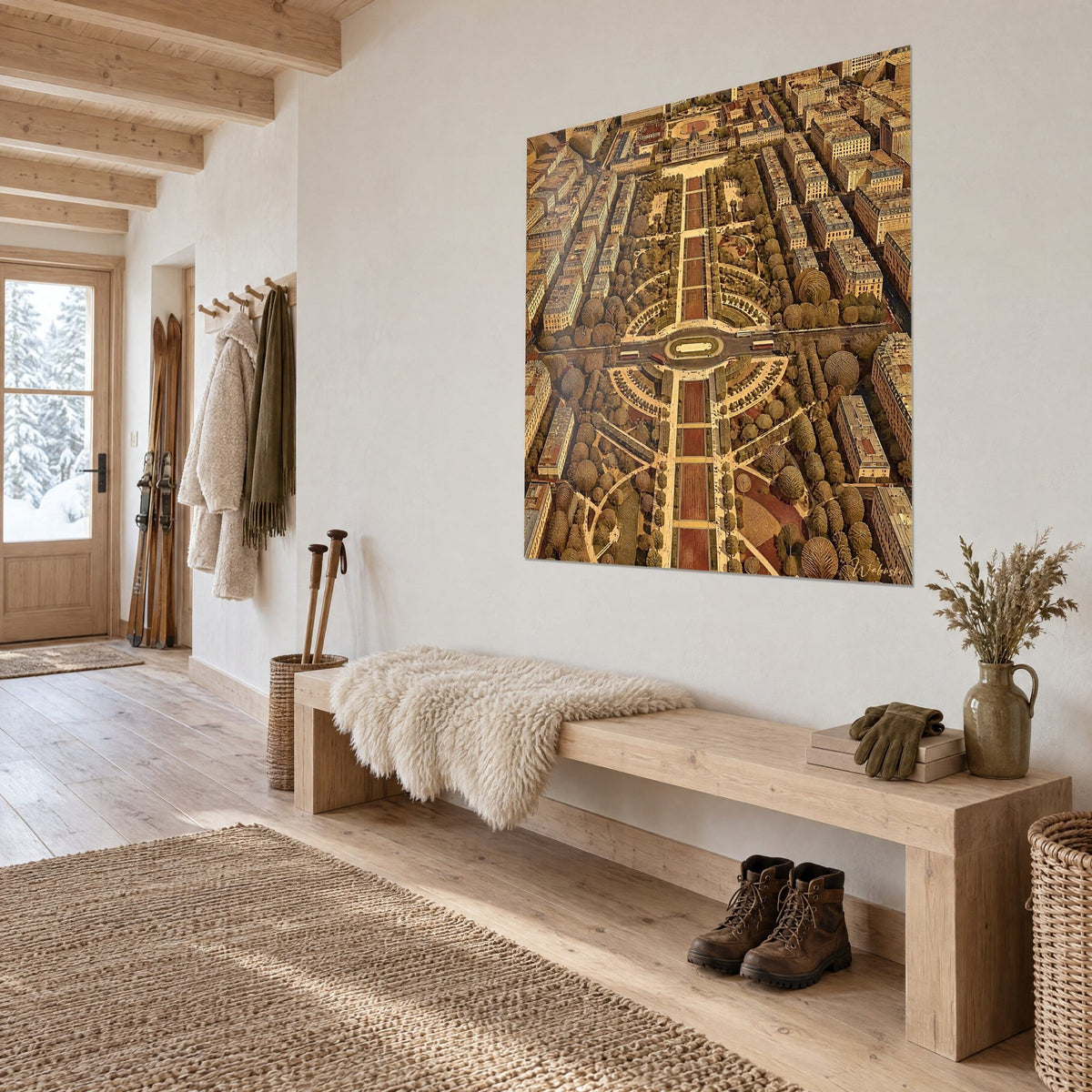 Wall art golden perspective of a French garden, rust-colored alleys lined with khaki trees, on the white entrance wall of a chalet