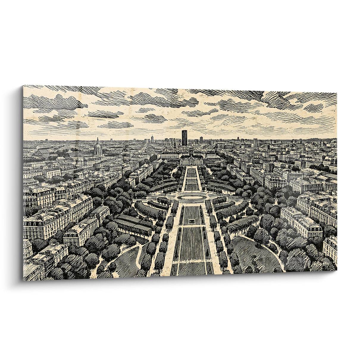 Wall art Champ-de-Mars Île-de-France in ivory and charcoal engraving, aerial view of the central avenue and gardens