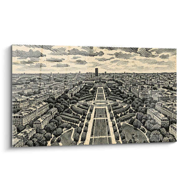 Painting Aerial View of the Champs de Mars in Black and Ivory - Parisian Panorama - Champ-de-Mars Ile-de-France Edition