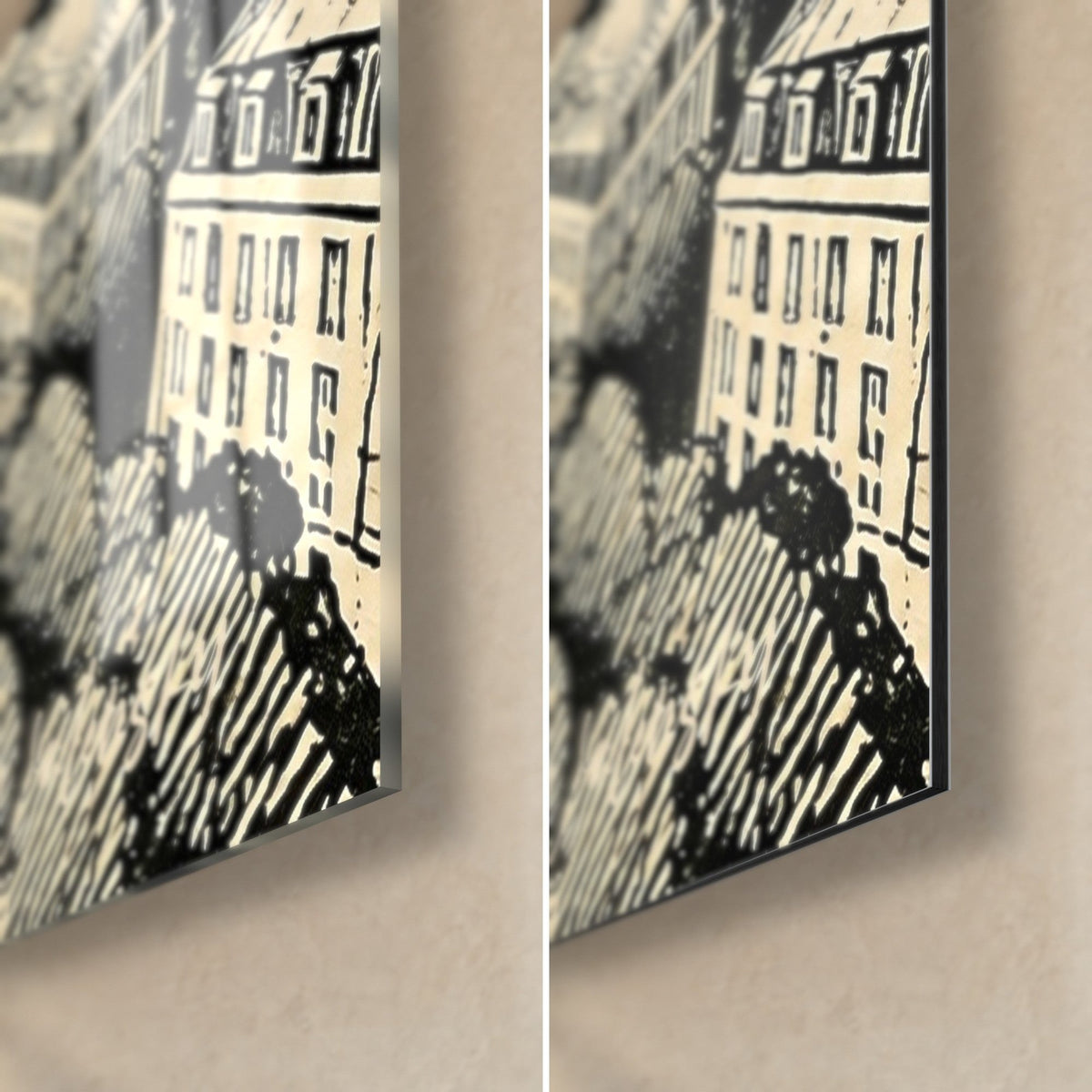 Wall art Haussmann façades in black lines on ivory, bottom right corner: glossy acrylic glass on the left, matte Dibond on the right, 3 mm edge