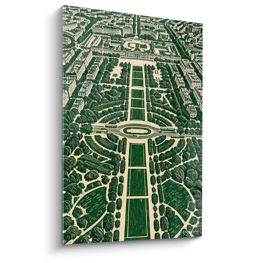 Tableau Vue aérienne jardins verts et allées symétriques - Survol de la capitale - Edition Champ-de-Mars Île-de-France